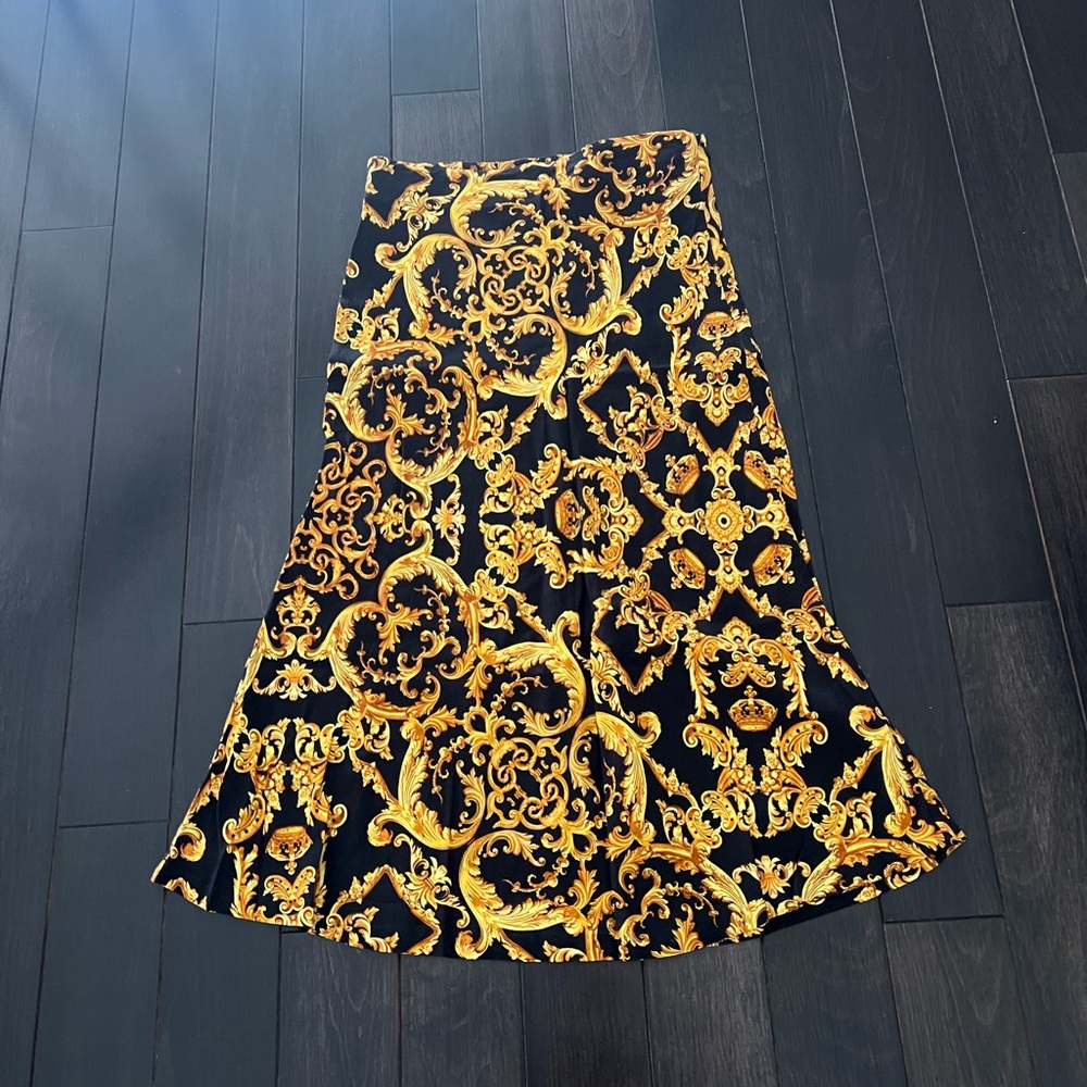 Vintage Baroque Gold Print Midi Skirt - A-Line Flare - Size XS